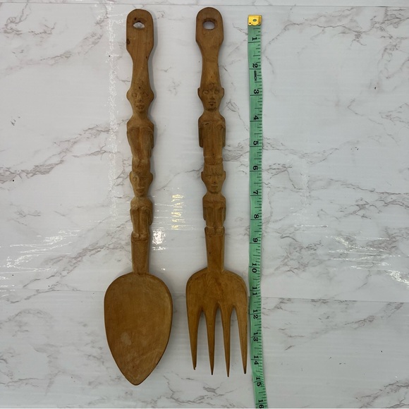 VINTAGE MCM hand carved wooden tribal tiki salad serving SPOON & FORK - Picture 3 of 4